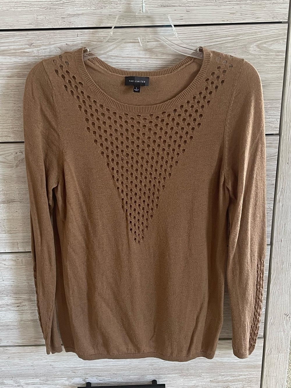 The limited tan brown long sleeve sweater large v-neck design cut out geometric